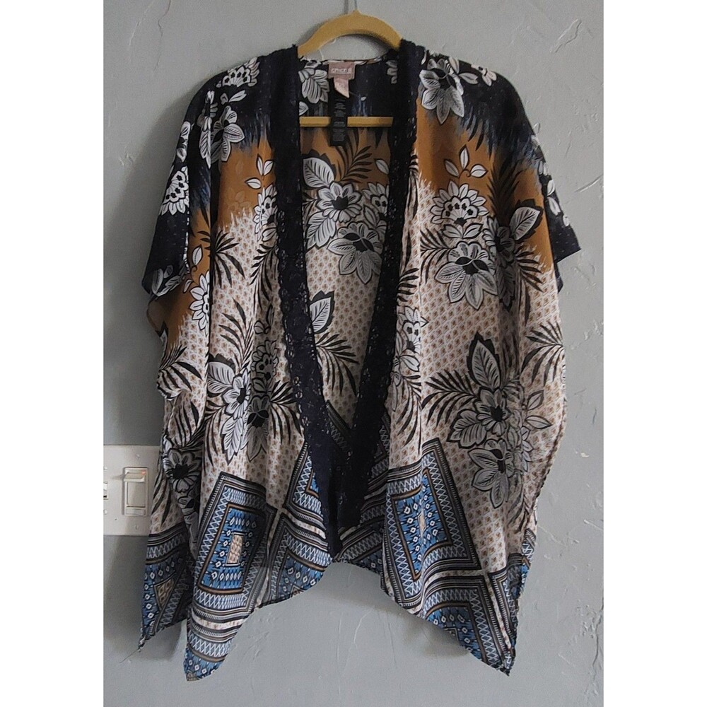 Chico's Floral Print Open Front Kimono Cardigan with Lace Trim,women Size OS